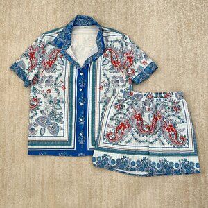 Shein Blue Paisley Boho Blouse Top and Shorts Set Bundle M